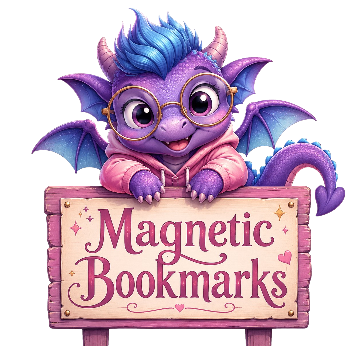 Pip sitting on a sign saying Magnetic Bookmarks