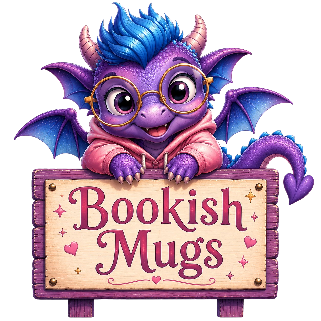 Pip sitting on a sign saying Bookish Mugs