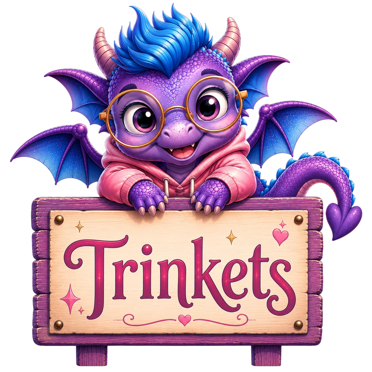 Pip sitting on a sign saying Trinkets